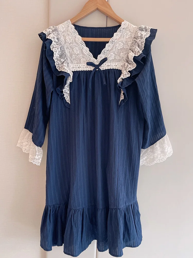 

Vintage Court Style Nightdress Women Spring&Summer Cotton Long Sleeve V-neck Nightgown Sweet Lace Trim Princess Sleeping Dress