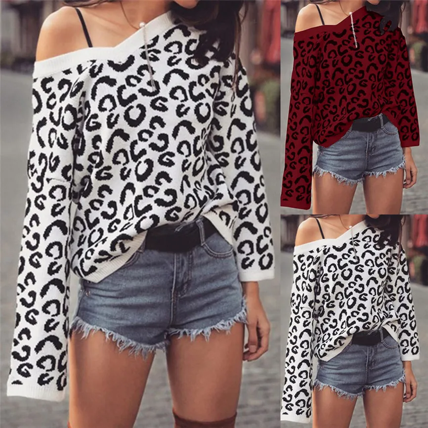 Женский свободный вязаный свитер большого размера с леопардовым принтом в форме