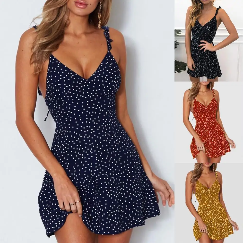 

Women Summer Dress Fashion Women Polka Dot Print V Neck Backless Sleeveless Sling Mini Dress Fashion Plus Size Dress For Women