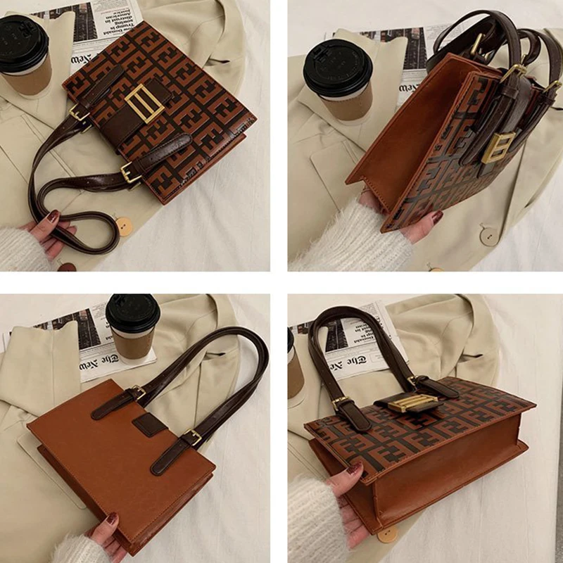 

Women's Luxury Classic Fashion Shoulder Tote Bags PU Leather Letter Printing Handbags Square Lock Zipper Wallet Top-Handle Bag