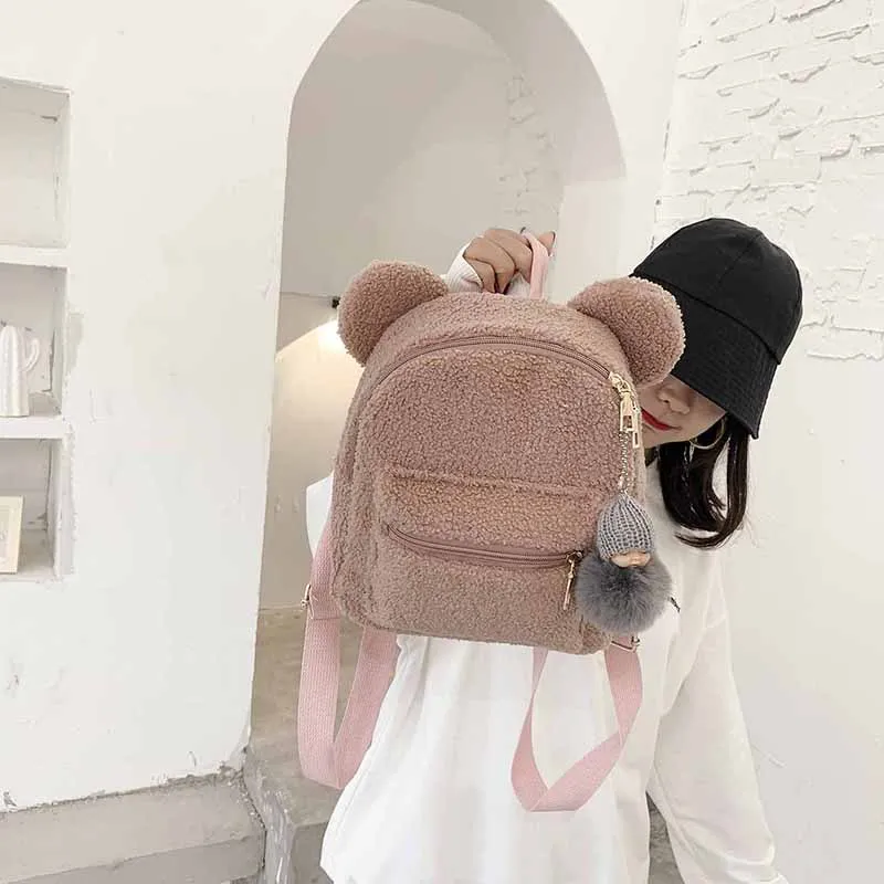 Kawaii Backpack Plush Bear Ears Furry Backpack For Girls 2021 Autum/Winter New Cute Solid Color Faux Fur Women Shoulders Bag
