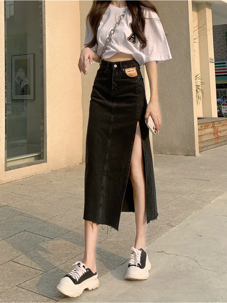 

STSVZORR Korean chic high waist side slit denim skirt female y2k summer 2021 new thin package hip long skirt thin section