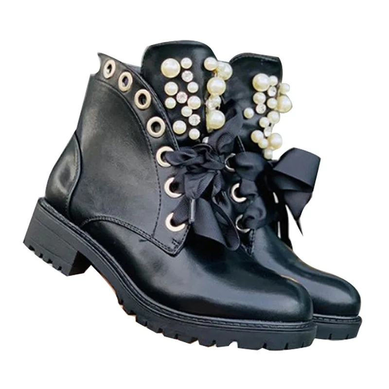 

Black Women Boots Ankle Motorcycles Biker Pearl Platform Thick Heel Round Toe Zip Cross-tied Handmade Casual Shoes Ladies 2020