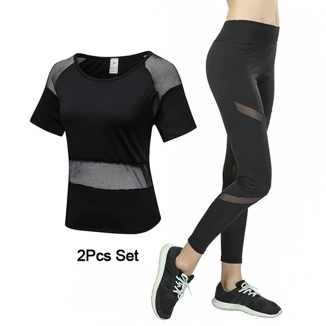 Black 2Pcs set Спортивный костюм Женская футболка для йоги+ штаны Фитнес-Йога Комплект с сеткой для тренировки спортзала Беговая спортивная одежда пэчворк одежда для бега - Цвет: Black 2Pcs set