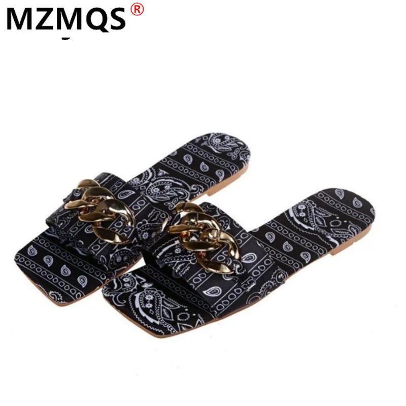 

2021 New Women slippers Fashion Vintage Print Summer Comfortable Casual Flat Sandals Outdoor Square Head Open Toe Women Slippers
