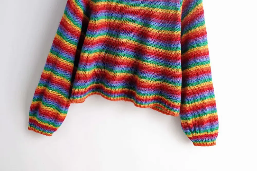 Женский Цветной полосатый Радужный свитер с длинными рукавами круглый воротник