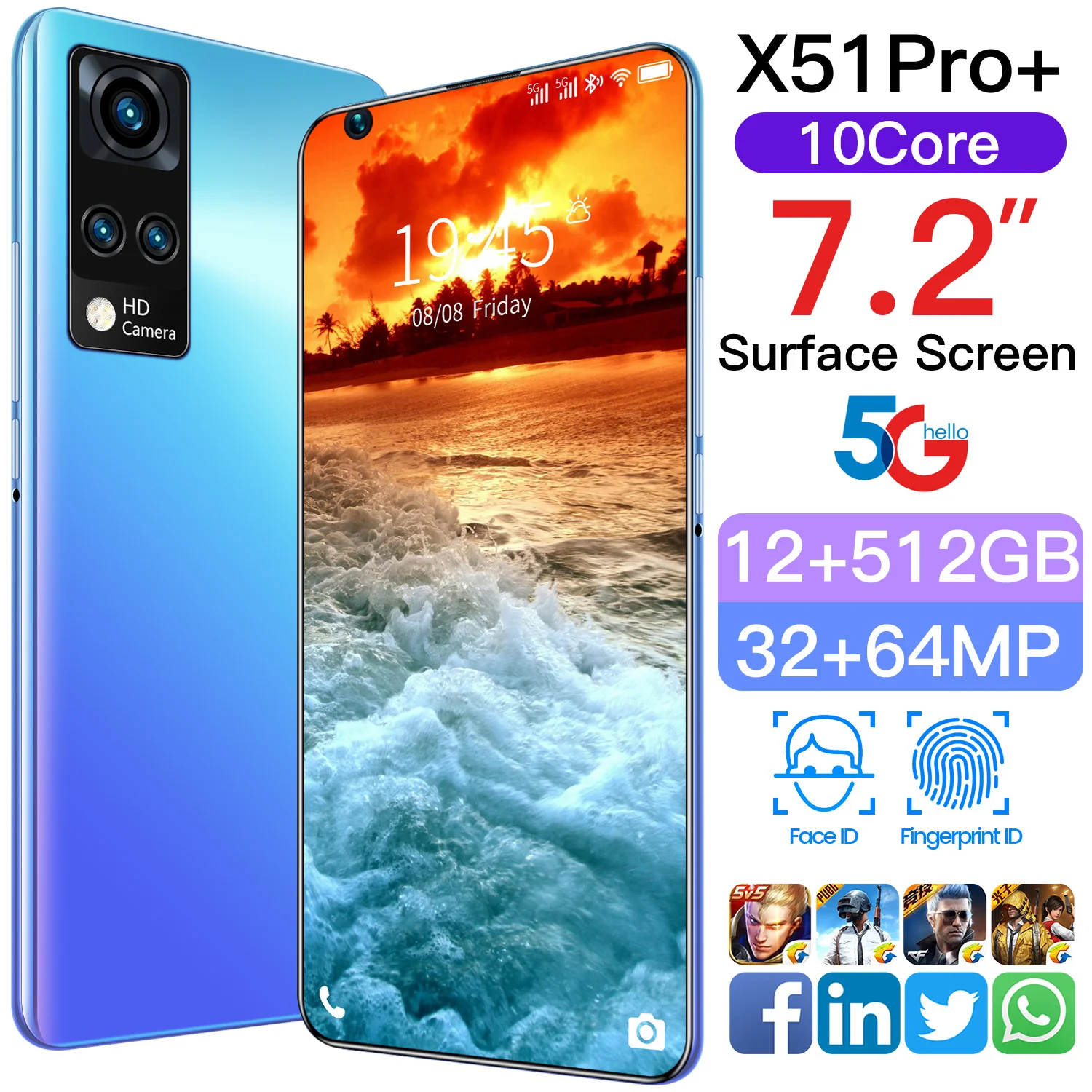 

[2021World Premiere] X51PRO+ Smartphone 7.2 Inch Android10 12+512GB HD Screen 5G Cellphone Face ID 6800mAh Dual SIM Mobile Phone