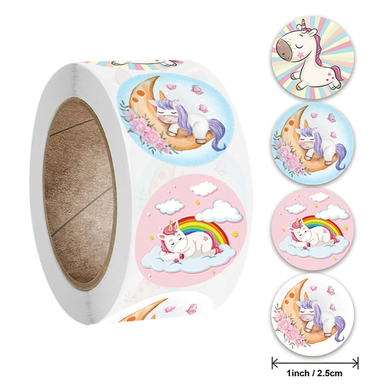 

500 Pcs/Roll! Candy Box Biscuit Bag Sealing Labels Round 1inch Cute Cartoon Unicorn Envelope Greeting Cards Gift