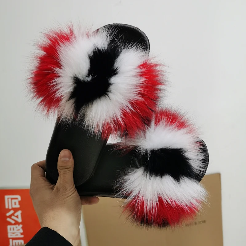 Оптовая продажа женские пушистые меховые сланцы летние разноцветные радужные