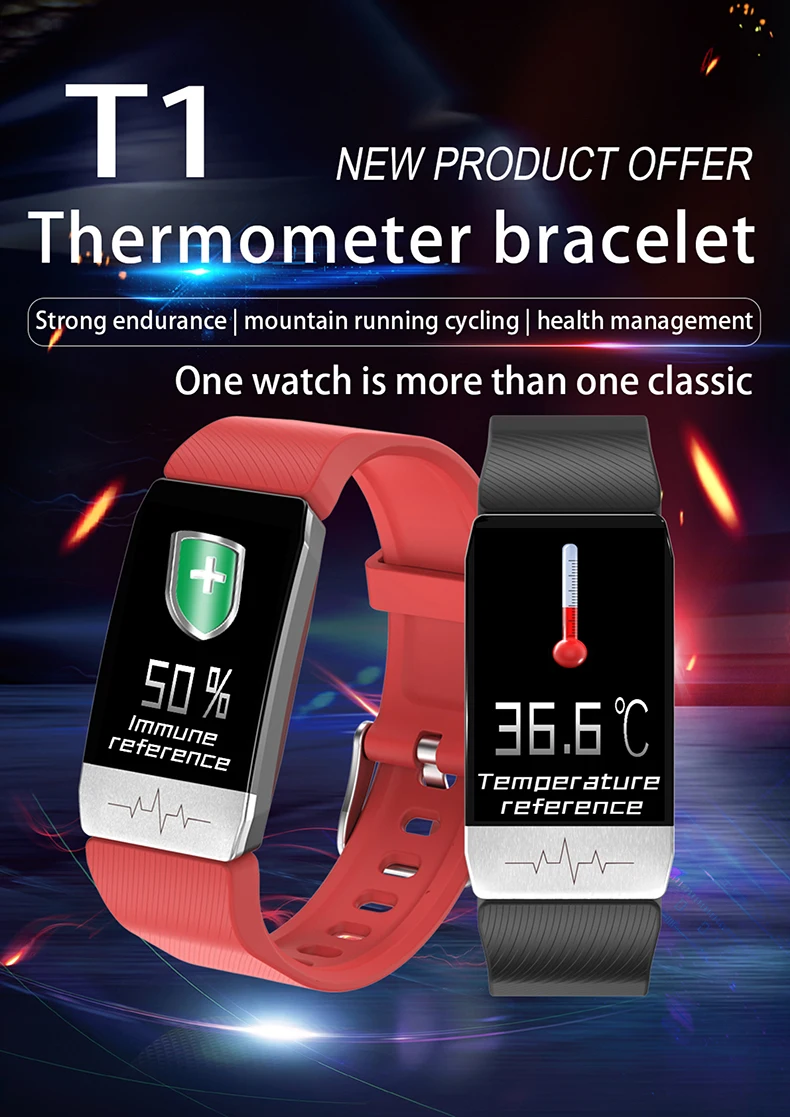 

New T1 Fitness Tracker Body Temperature ECG Smart Bracelet Heart Rate Monitor Immunity Smart Watch Music Control Sport watch2020