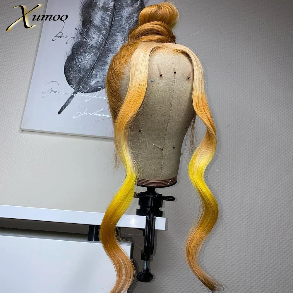 

XUMOO Ombre Yellow Brown Colorful Super Wave Lace Front Wigs Highlight Blonde Pre Plucked Raw Brazilian Human Hair Cosplay Wigs