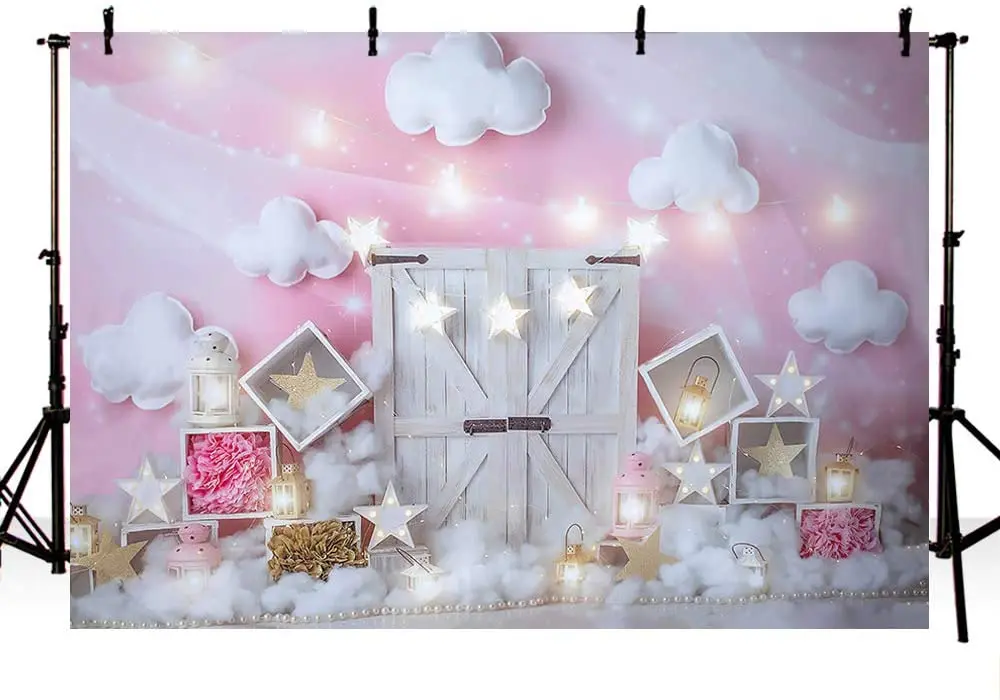 Sweet Pink and White Cloud Photo Studio Backdrop Props Birthday Girl Baby Shower Party Decorations Twinkle Twinkle Little Stars enlarge