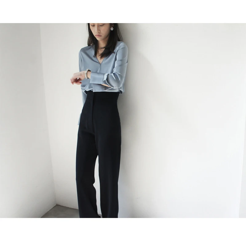 Женская офисная блузка GOPLUS Весенняя однотонная с v образным вырезом и длинным