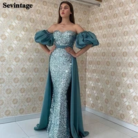 sevintage teal sequines mermaid evening dresses with overskirt short sleeves party dress formal women prom gowns night outfits