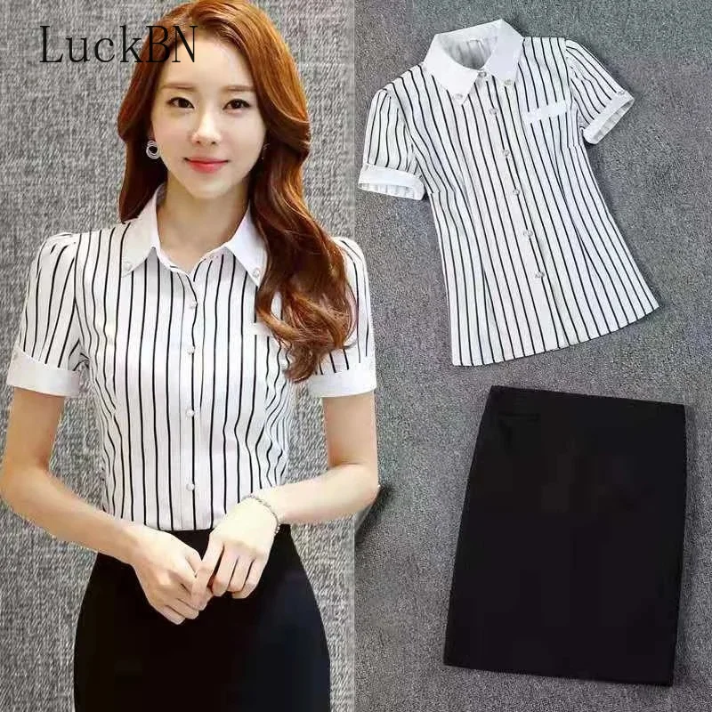 

2021 Women's Spring Summer Style Chiffon Blouses Shirt Women's Elegant Short Sleeve Turn-down Collar Button Striped Korean Tops