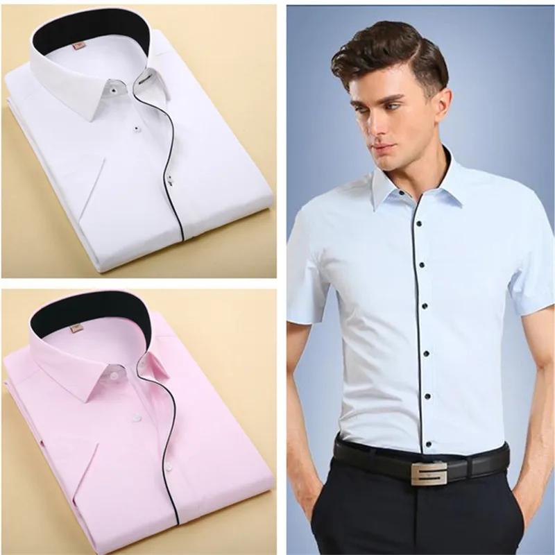 

Summer Men's Short-sleeve Shirt Square Collar Solid Color Explosion Models Light Luxury Invisible Stripes Slim Business Shirt