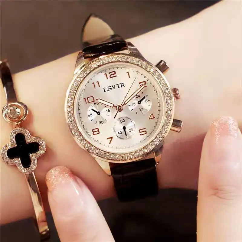 

HOT SALE luxurious fashion Crystal diamond frame Leather strap Women's Quartz Watch Ladies' Small Dial Quartz Clock Reloj Mujer