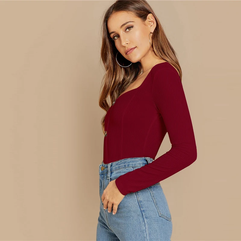 SHEIN Облегающий Топ С Длинным Рукавом И Глубоким Вырезом Трикотажная Блузка В Рубчик