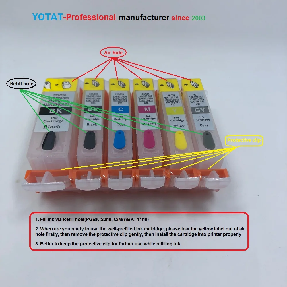 Перезаправляемые картриджи YOTAT PGI525 6 шт. PGI-525 CLI-526 для PIXMA MG6150 MG8150 (Европа) |