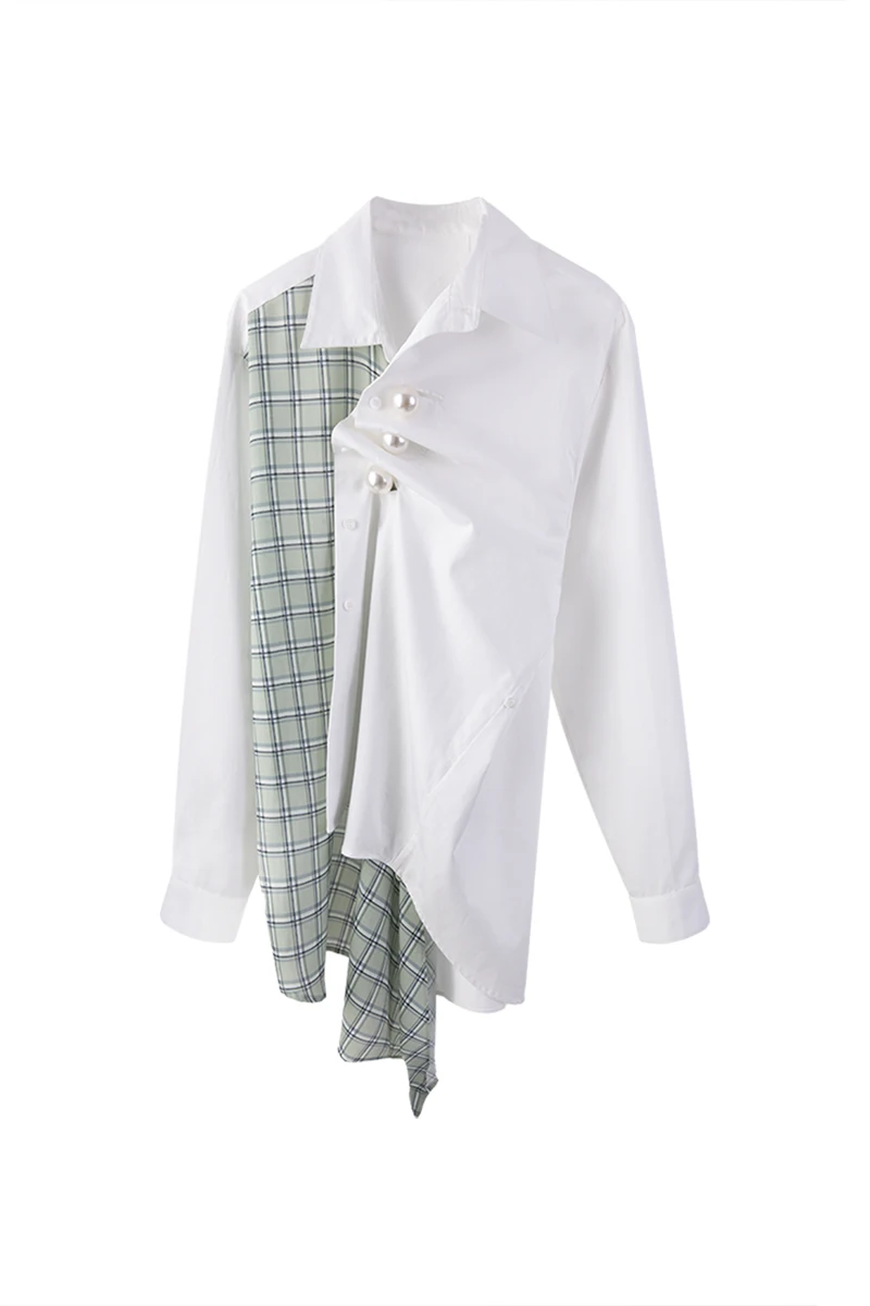 

[DEAT] Spring And Summer Fashion Women Clothes Turn-down Collar Full Sleeves Contrast Colors Pearl Patchwork Shirt GX109400