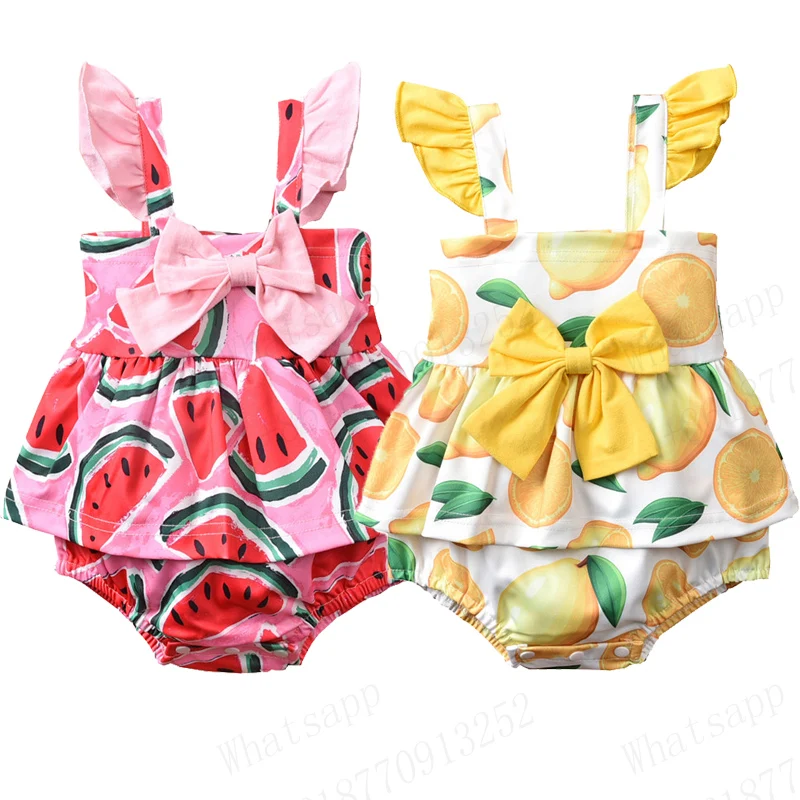 

0-12M Newborn Baby Girl Rompers Watermelon/Lemon Print Bow Jumpsuit Dress Ruffles One Pieces Summer Clothes Girls Cotton Romper