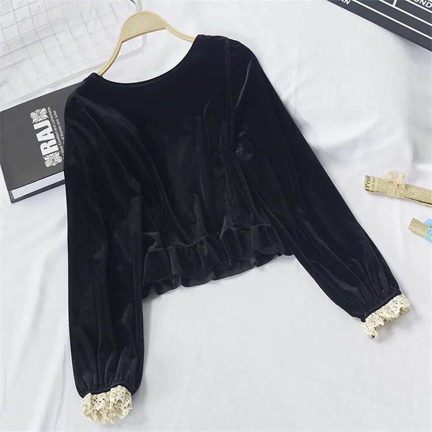 Женская винтажная бархатная футболка черная Элегантная укороченная Футболка во