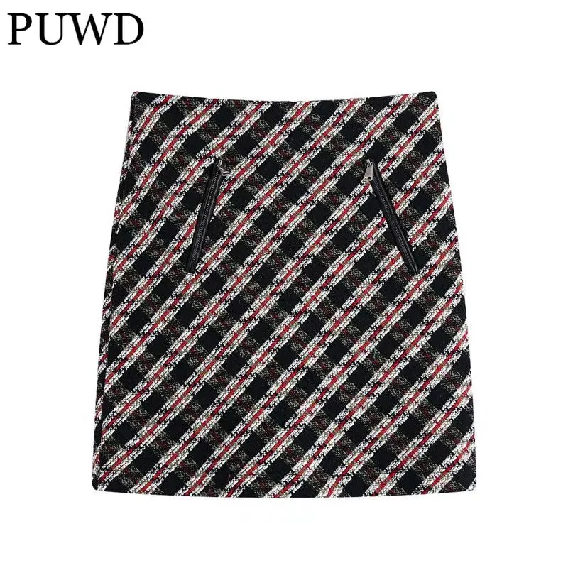 

PUWD Casual Women High Waist Skirt 2021 Autumn Fashion Ladies England Style Vintage Skirt Female Textured Mini Skirt