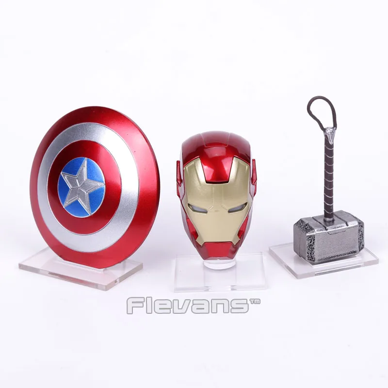 Avengers 2 Iron Man MK43 LED Light Helmet Captain America Shield Thor Hammer With Acrylic Base Mini Action Figure Toys | Игрушки и хобби