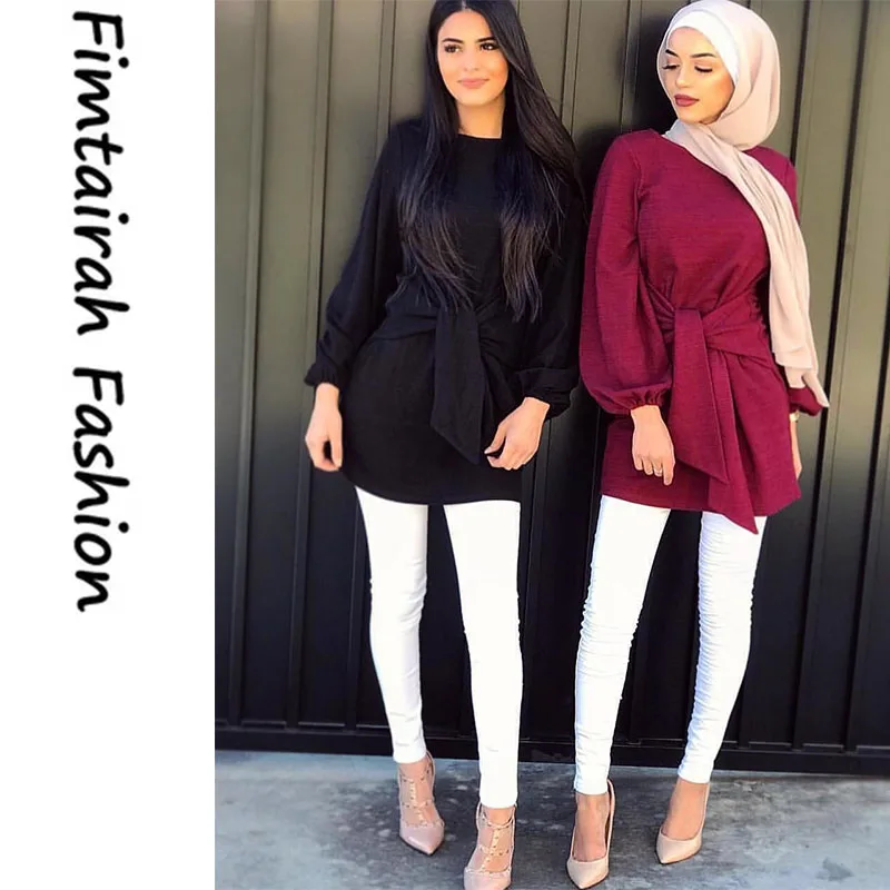 Мусульманский Топ блузка рубашка элегантное черное платье Дубай пояс длинный