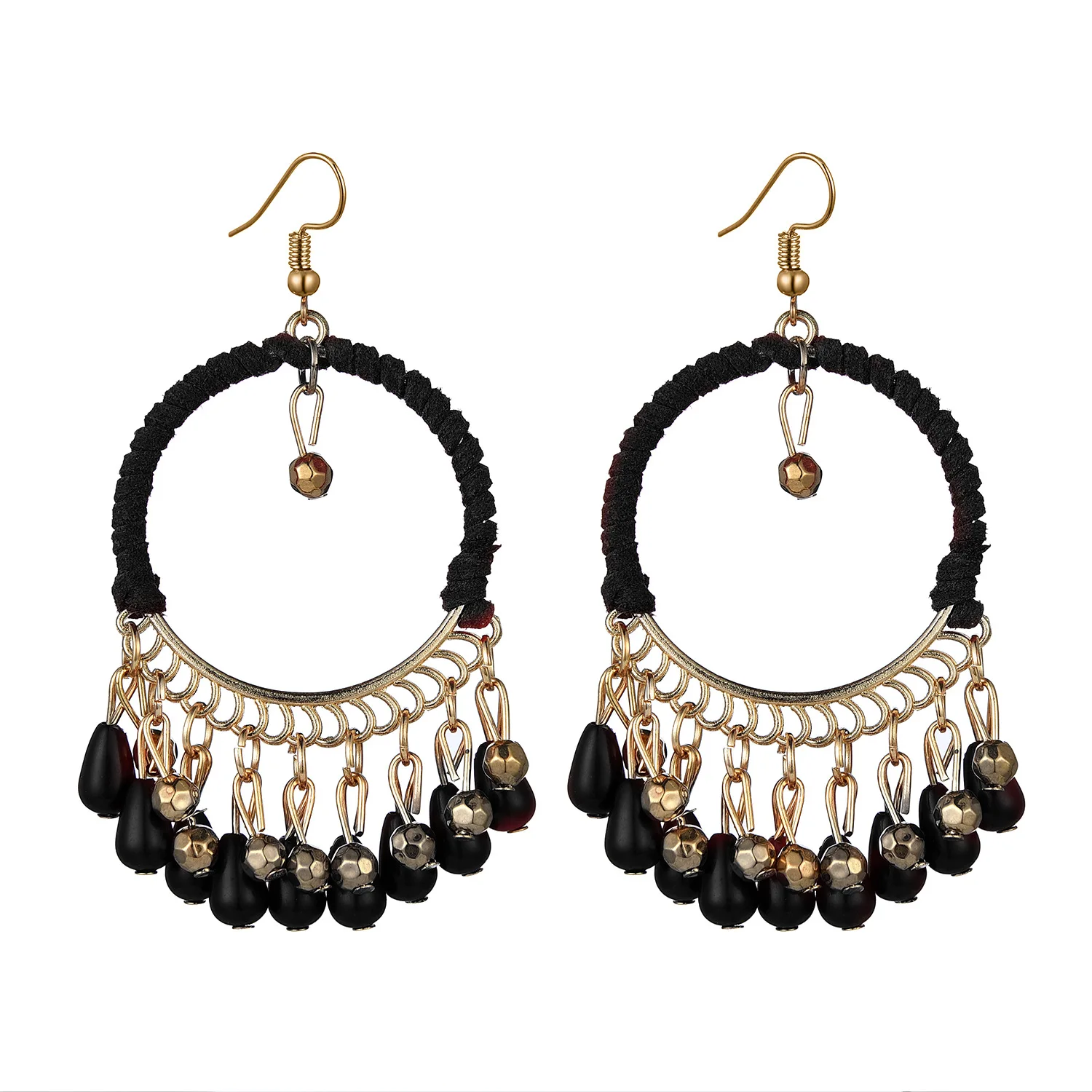

European and American national temperament hand woven Earrings Bohemian retro round water drop Tassel Earrings