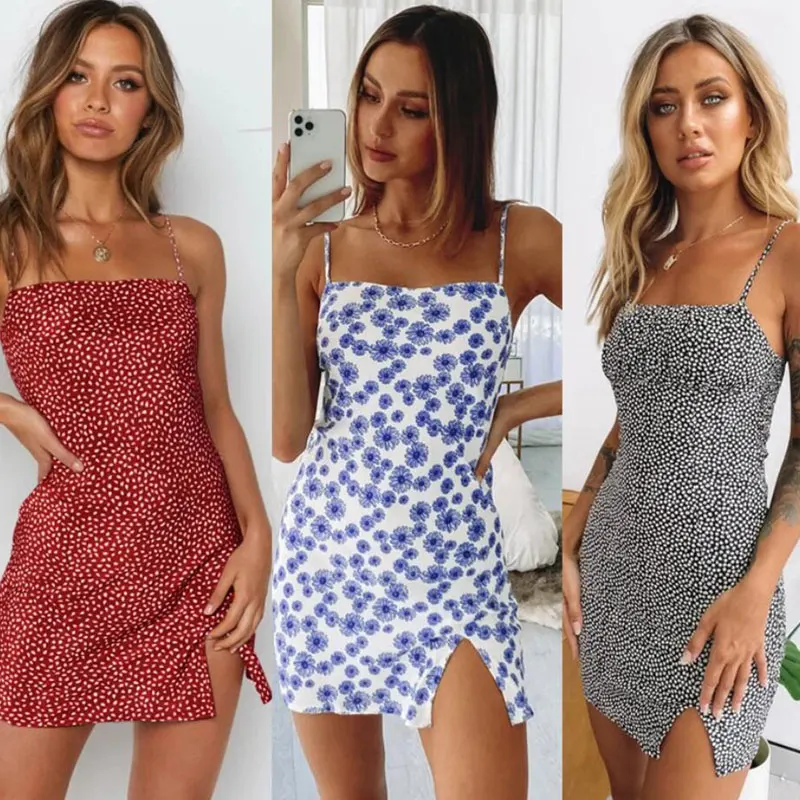 

Summer Spaghetti Strap Floral Printed Short Dress 2021 Women Sleeveless Boho Mini dress Casual Slim Bodycon Party Dress Beach