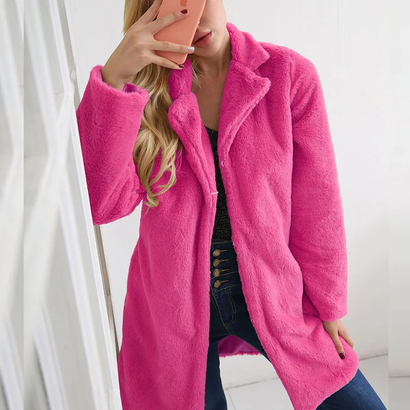 QUEVOON ярко розовые женские меховые пальто Fuax с отложным воротником на одной