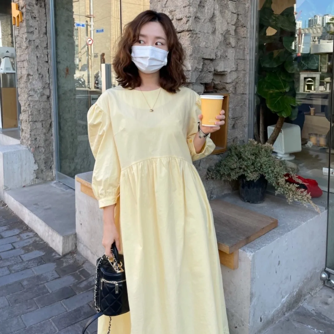 

Korean Chic French Minority Spring and Autumn Clothing Elegant Loose Slimming Mid-Length High-Waist Lace Embellished Dress for