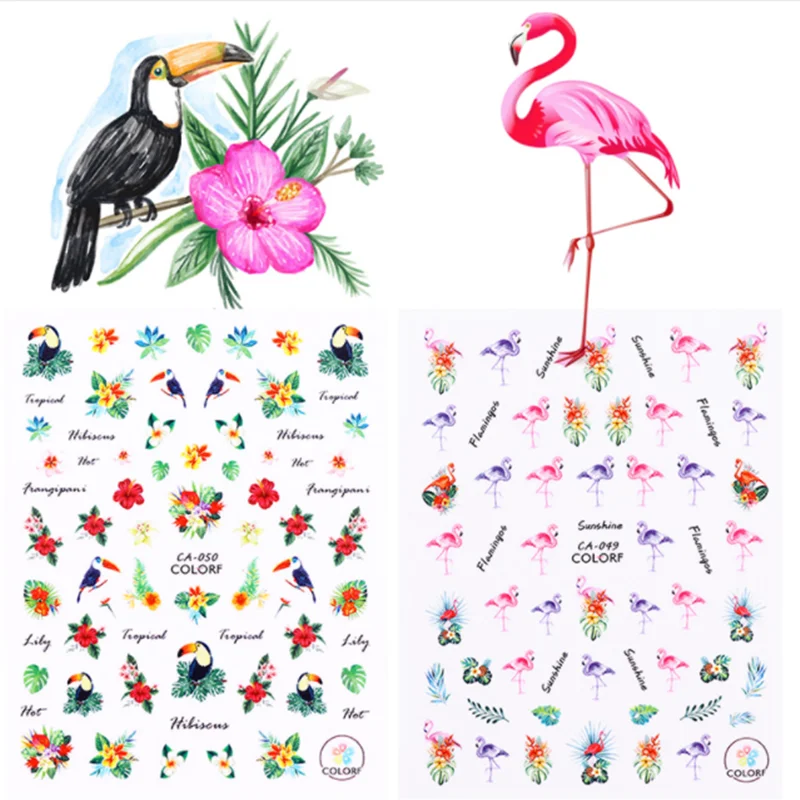 1 лист 3D красочная тропическая наклейка с фламинго для дизайна ногтей DIY