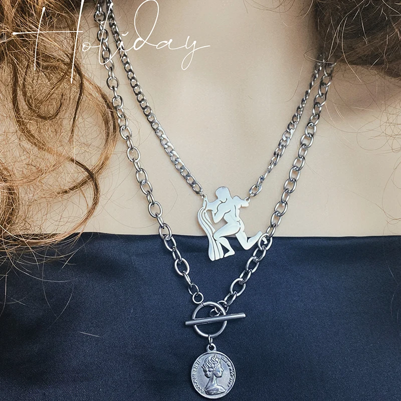 

Stainless Steel Initial Necklace Birthday Horoscope Necklace Name Initials Multilayer Necklace Hip Hop Couple Girl Jewelry Gift