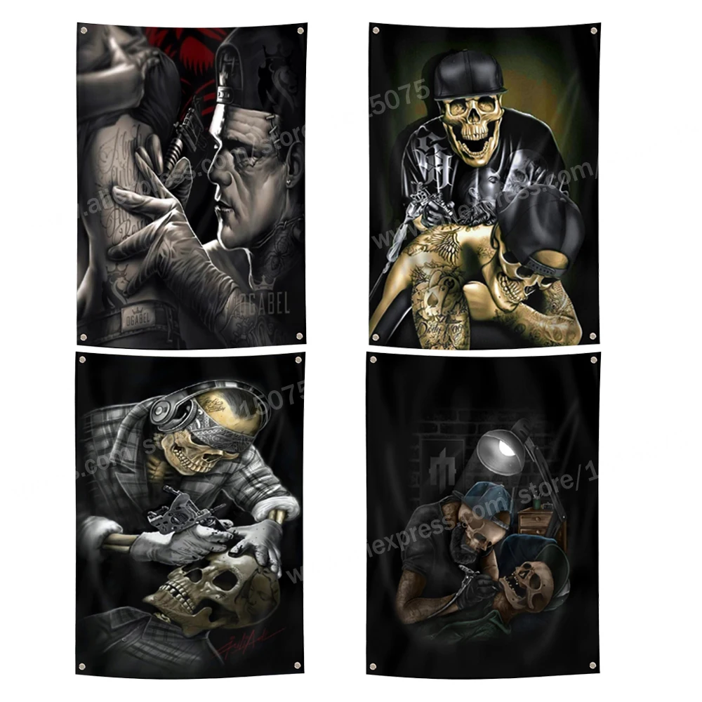 Skull Art Tattoo Artist Posters Flag Banner Home Decoration Hanging 4 Gromments In Corners 3*5FT 144CM*96CM | Дом и сад