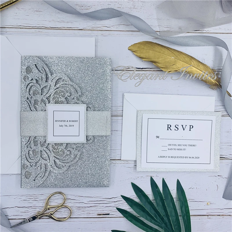 

Glitter Silver Laser Cut ser Cut Wedding Invites Cards Greeting Card Customize Business With RSVP Cards Decor Party Supplies