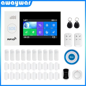 Awaywar WIFI GSM smart Alarm System home Security Burglar kit 4.3 inch touch screen APP Remote Control RFID Arm Disarm