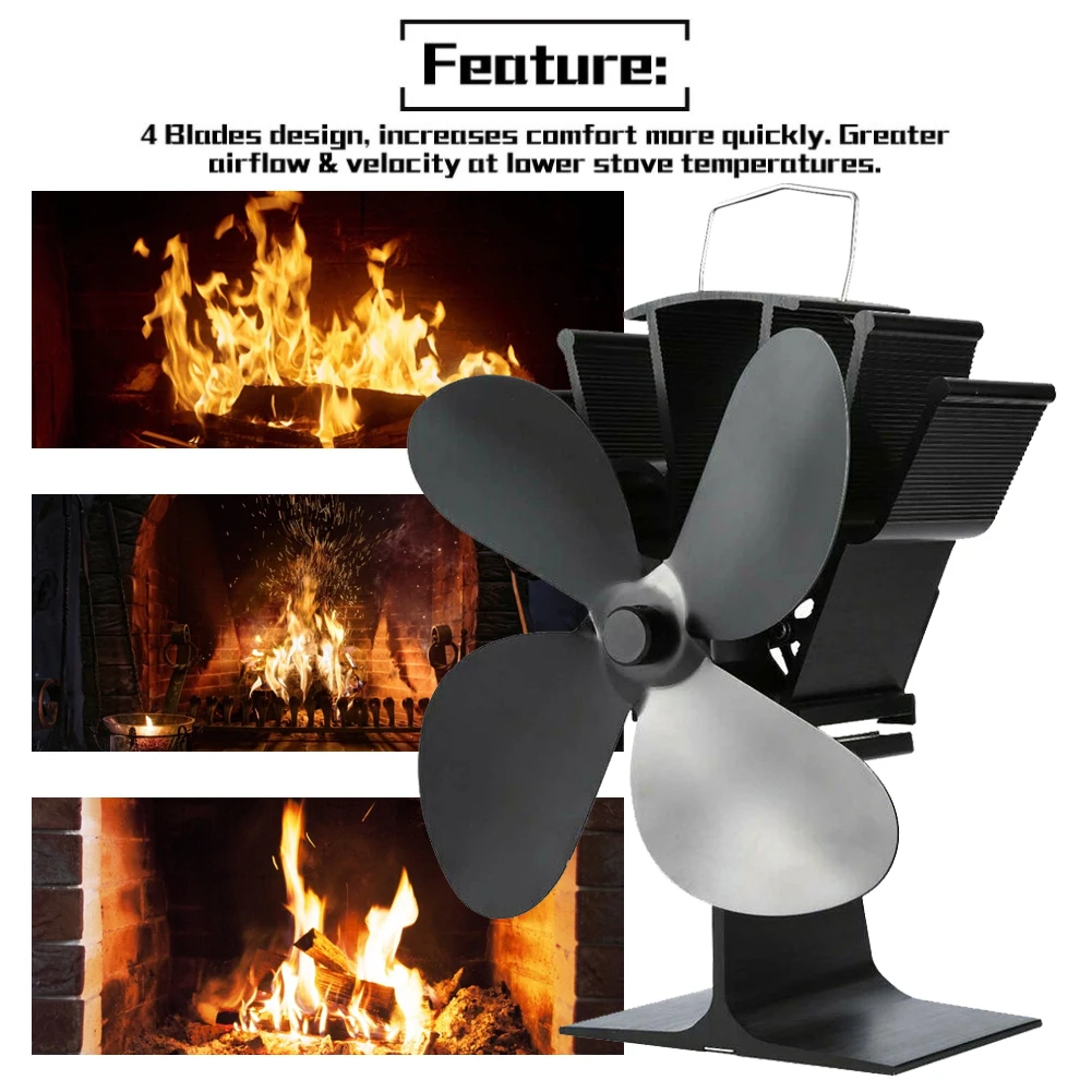 

4-Blade Heat Powered Stove Fan for Wood / Log Burner/Fireplace Quiet Environmental Fan Heater Tool Efficient Heat Distribution