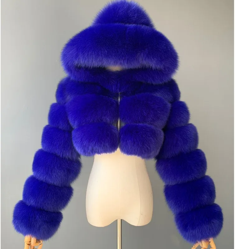 Fashion Hooded Faux Fur Coat Women 2022 Winter Warm 8XL Blue Furry Overcoat Elegant Plush Crop Jacket Femme