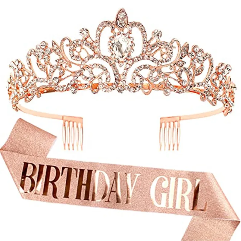 

Rose Gold Glitter Birthday Sash Rhinestone Tiara Silver Crystal Crown Birthday Queen Satin Ribbon Sash Girl Birthday Party Decor