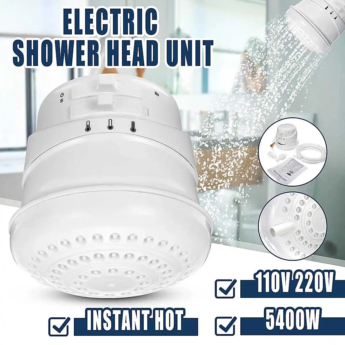 

JETEVEVEN 5400W Instant Hot Electric Water Heater Electric Shower Head Faucet 3 Gear Adjustable Fast Heating Bath Shower Heater