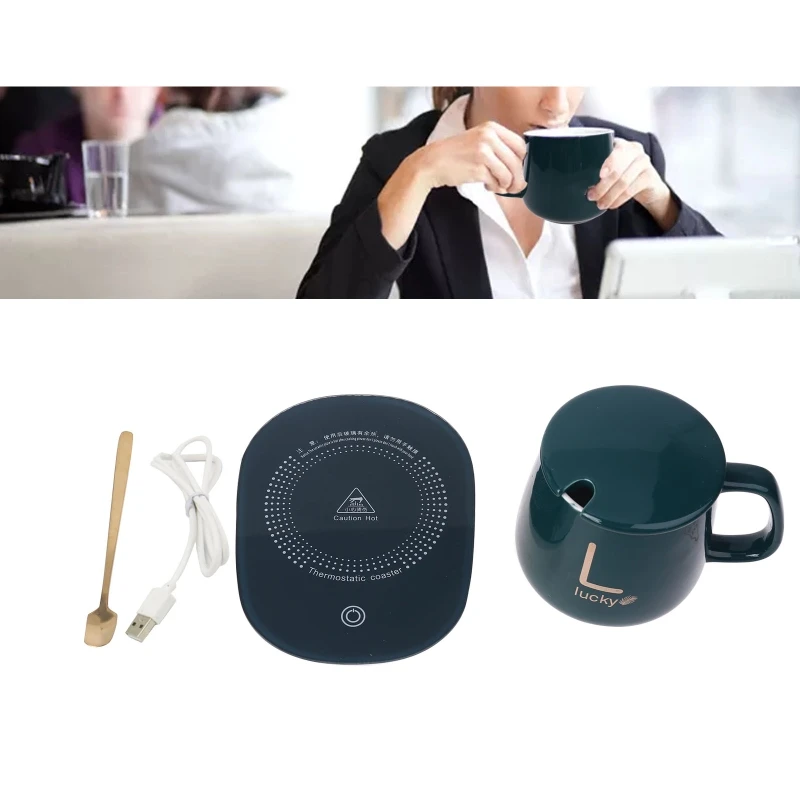 

US Plug / USB 450ml Coffee Cup with Spoon and 55 Degree Thermostat Coaster Set