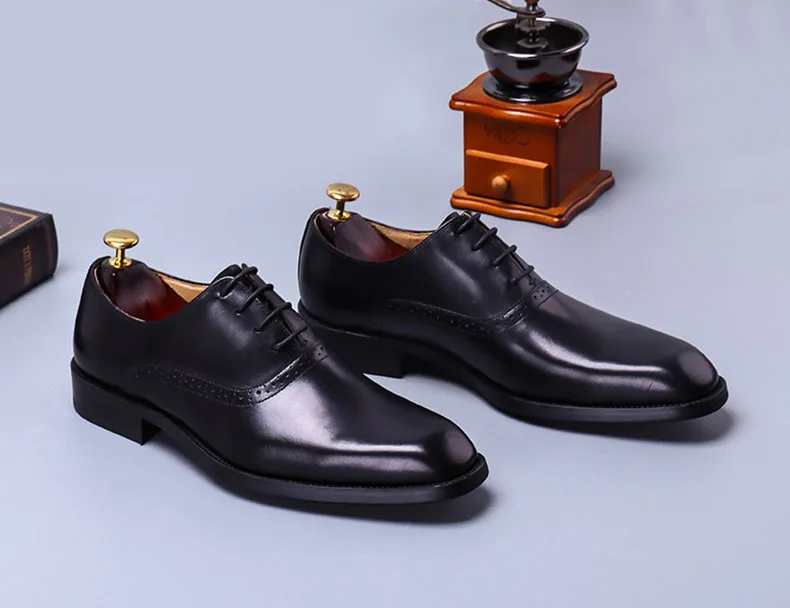 

QYFCIOUFU Luxury Dark Blue Men's Dress Leather Shoes Lace-up Business Genuine Cow Leather Shoes Men Formal Wedding Flat Shoes