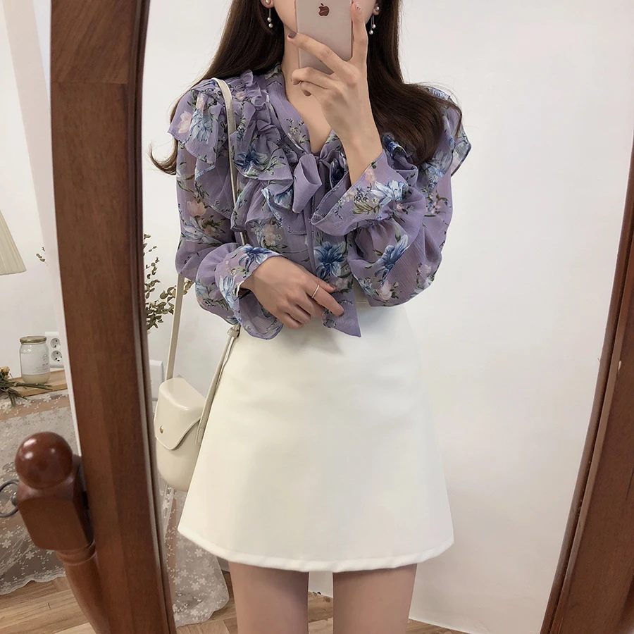 Женская рубашка из полиэстера с V-образным вырезом и винтажным принтом | одежда