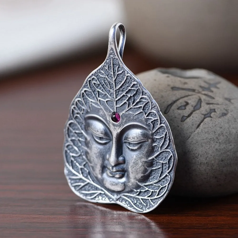 Real S999 pure silver jewelry ethnic style Zen enlightenment necklace pendant female Thai silver tree leaf Buddha statue pendant