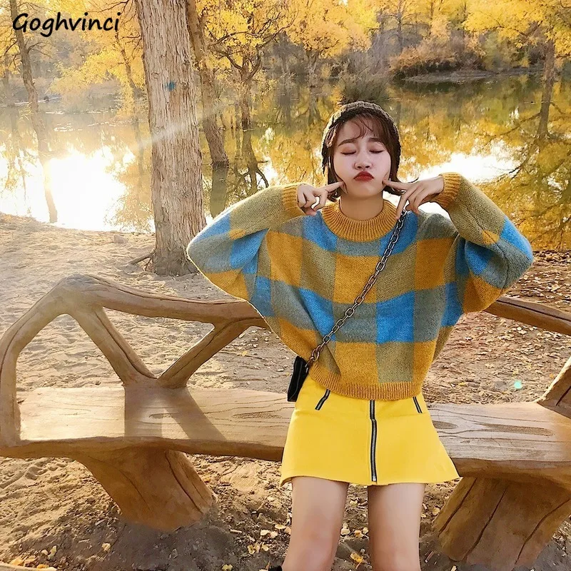 

Pullovers Women Plaid Sweet O-neck Sweaters Loose Kawaii Simple Chic Jumpers Ladies All Match Trendy Daily Soft Warm Thicker New
