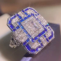 new s925 female male antique color square big rings for women men blue purple red green zircon wedding drop shipping