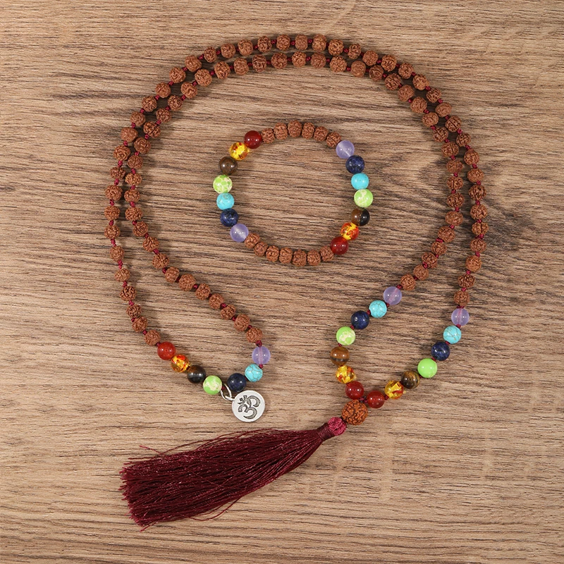 

OAIITE 7 Chakras 108 Mala Beads Rudraksha Necklace Bracelet Set Natural Healing Stone Reiki Meditation Balance Energy Jewelry