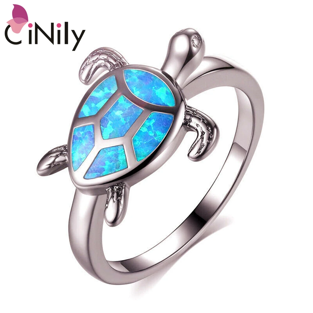 

CiNily Fashion Jewelry Luster Blue Fire Opal Rings Lovely Tortoise Silver Plated Women Jewelry Ring Size 6-7 OJ9311